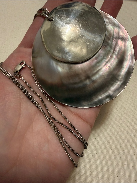 925 Sterling Silver Jewelry - Sterling silver 925 Iridescent Mother-of-Pearl Double Disc Pendant Necklace
